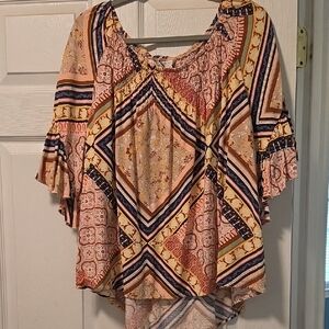 Cato Peach Multicolor Patchwork Boho Peasant Tunic